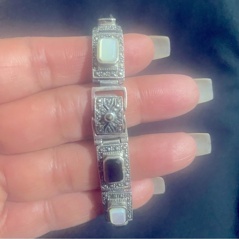 Vintage 925 Sterling Silver Marcacite Black Onyx & Mother of Pearl Bracelet